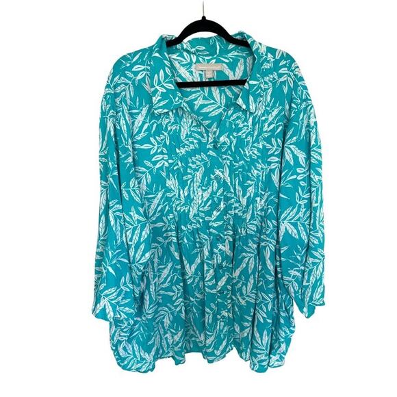 Woman Within Tops - Woman Within Turquoise Blue Top Blouse Size 4X Tropical Beachy Button Up Pleated